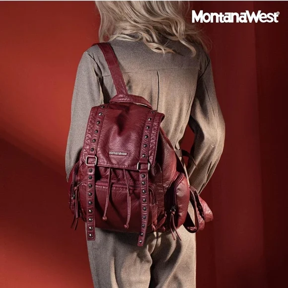 Montana West Red Backpack with Studded Details - Picture 2 of 7